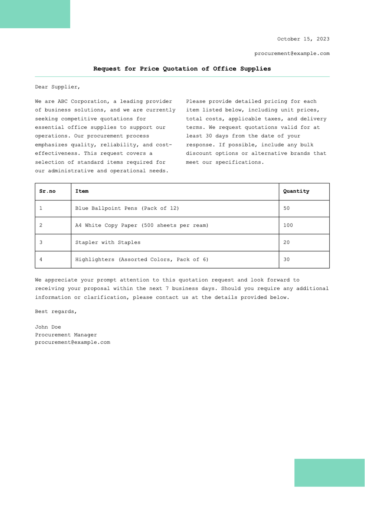 Formal business request for quotation letter with itemized office supplies table_variant_1